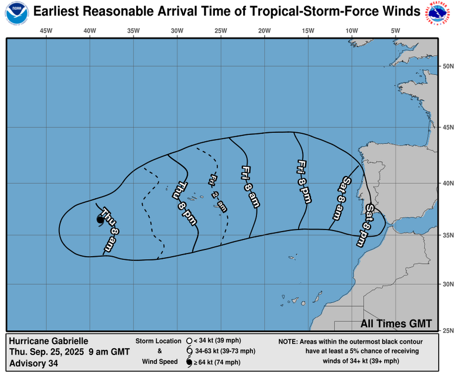 Mapa del probable rumbo de Gabrielle en su camino a la Penu00ednsula Ibu00e9rica segu00fan el NOAA