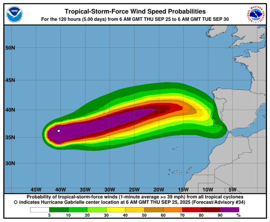 Fuerzas de viento de nivel huracu00e1n Gabrielle estimadas por el NOAA el centro de Estados Unidos para huracanes
