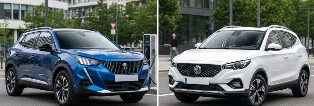 Peugeot e 2008 Active Pack al lado de un MG ZS EV