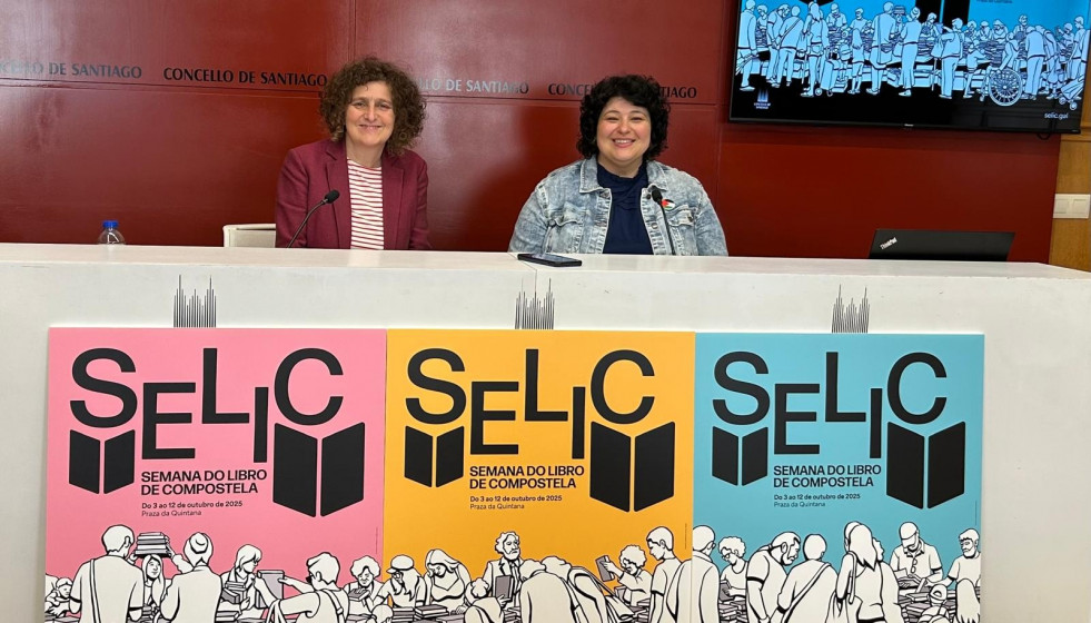 La alcaldesa de Santiago, Goretti Sanmartín, y la directora creativa de la Selic, Lorena Conde, presentan la iniciativa literaria. En Santiago de Compostela