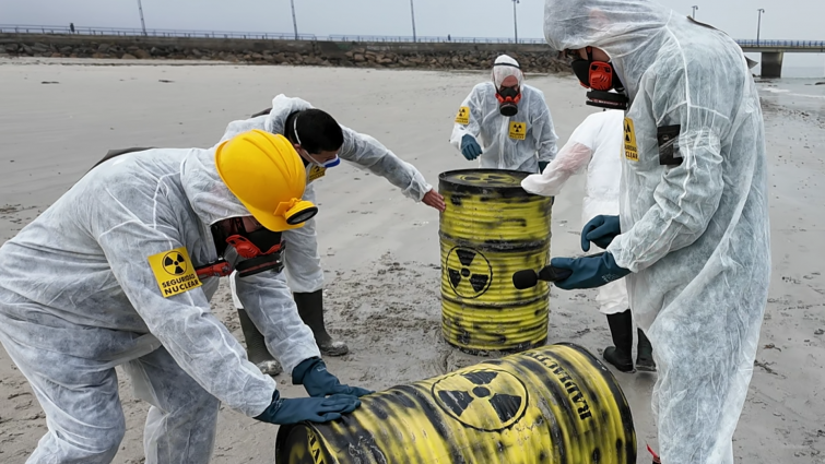 (VÍDEOS) Bidones radiactivos en playas de Vigo como parte de la advertencia de Ecoloxistas en Acción