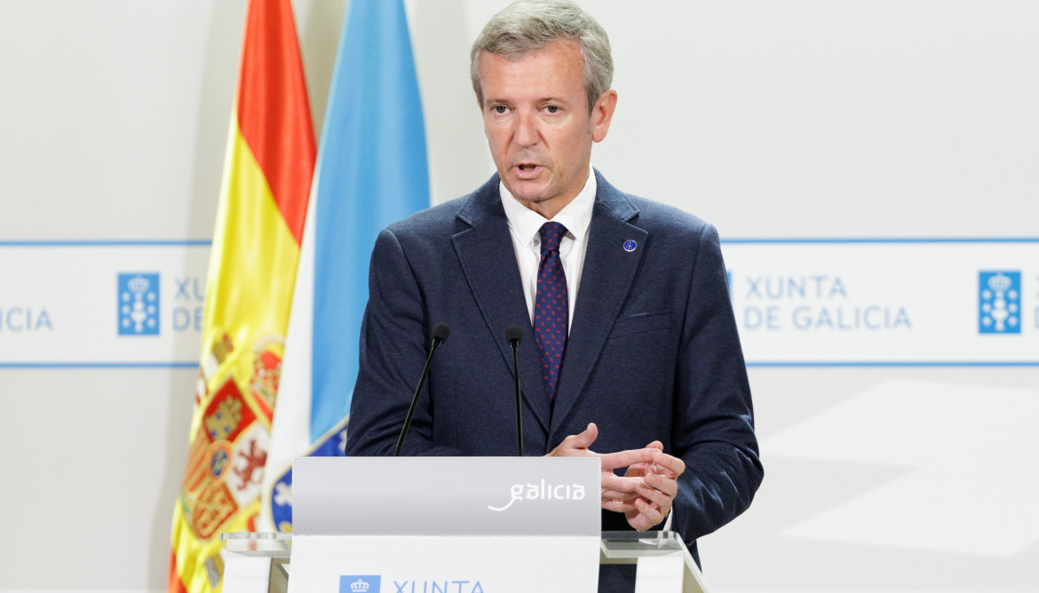 El titular de la Xunta, Alfonso Rueda, en la rueda de prensa posterior a la reunión semanal de su Gobierno