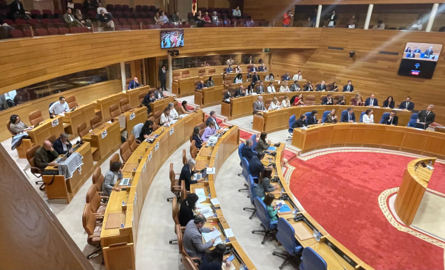 Un momento de la sesión de control al Gobierno en el Parlamento de Galicia con la ausencia de varios diputados del BNG que secundan la huelga en apoyo a Palestina.
