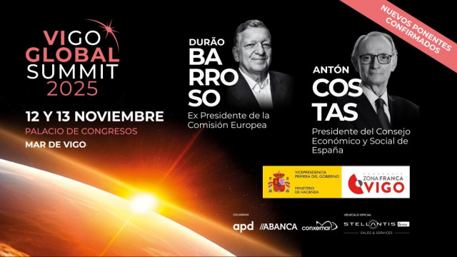 Cartel del Vigo Global Summit 2025, con José Manuel Durão Barroso y Antón Costas.