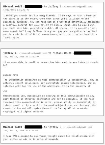 Intercambio de correo entre Wolf y Epstein en el que se menciona a Trump