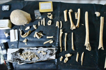 Esqueleto de Teodomiro de Iria Flavia fotografíado durante las obras de 2019 en la Catedral de Santiago en una imagen de Patxi Pérez Ramallo