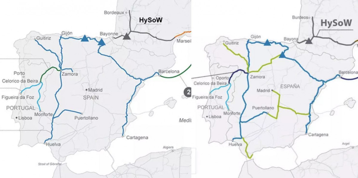 Mapas de los hidroductos existentes en la Penu00ednsula Ibu00e9rica a la izquierda y del poryecto de ampliaciu00f3n a la derecha