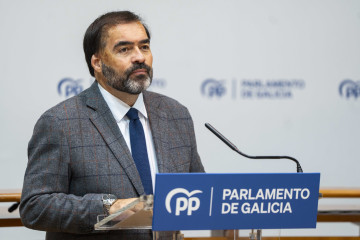 El portavoz del PPdeG en el Parlamento, Alberto Pazos Couñago, en sala de prensa en la Cámara gallega.