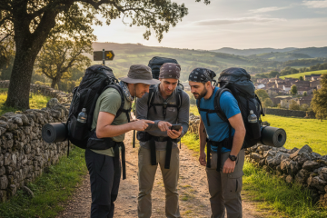 Peregrinos en el Camino de santiago consultando el teléfono móvil