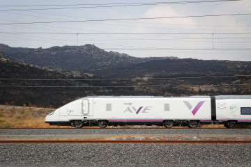 Archivo - Paso del AVE sobre terreno quemado por el incendio de A Gudiña.