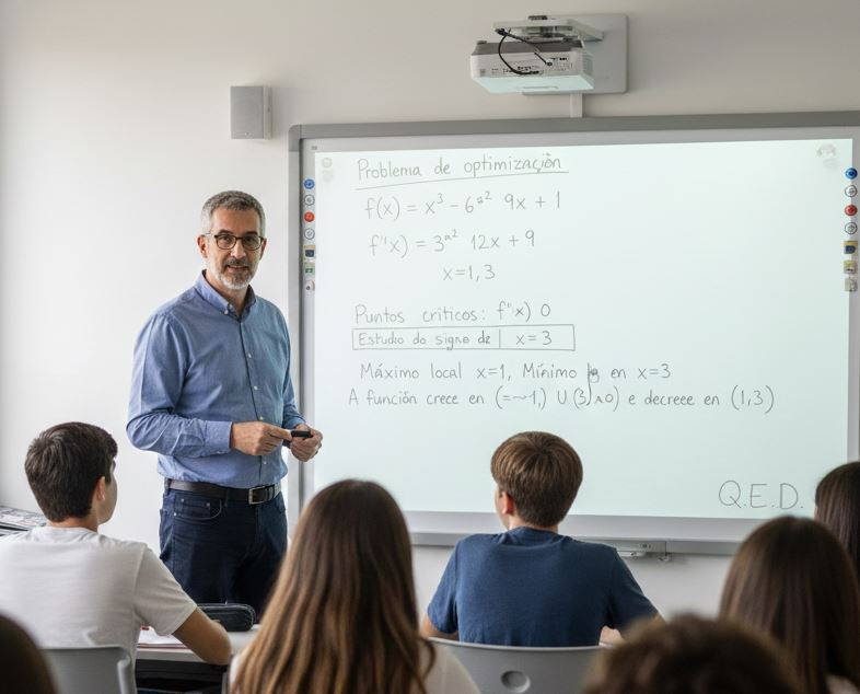 Un profesor enseu00f1ando Matemu00e1ticas en gallego en una imagen creada con IA