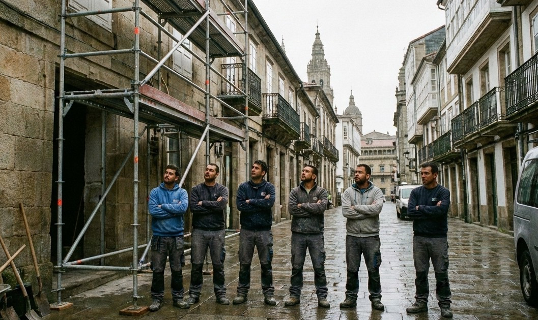 Obreros ociosos en una calle de Santiago de Compostela en una imagen ilustrativa generada con IA