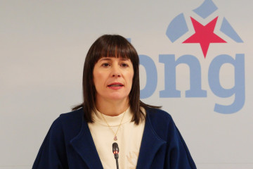 La portavoz nacional del BNG, Ana Ponton, en rueda de prensa este lunes en el Parlamento de Galicia