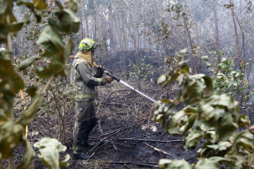 Archivo - Bomberos trabajan en las tareas de extinción del incendio forestal en Cervo.