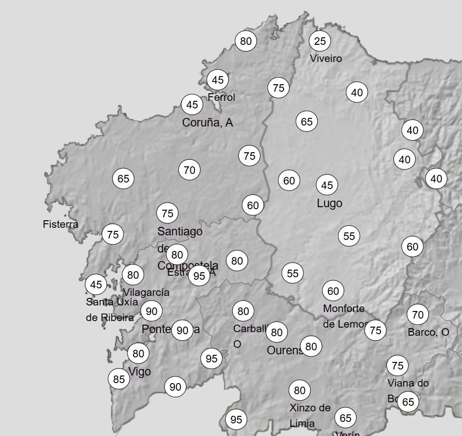 Porcentajes de probabilidad de nieve el su00e1bado en Galicia segu00fan AEMET