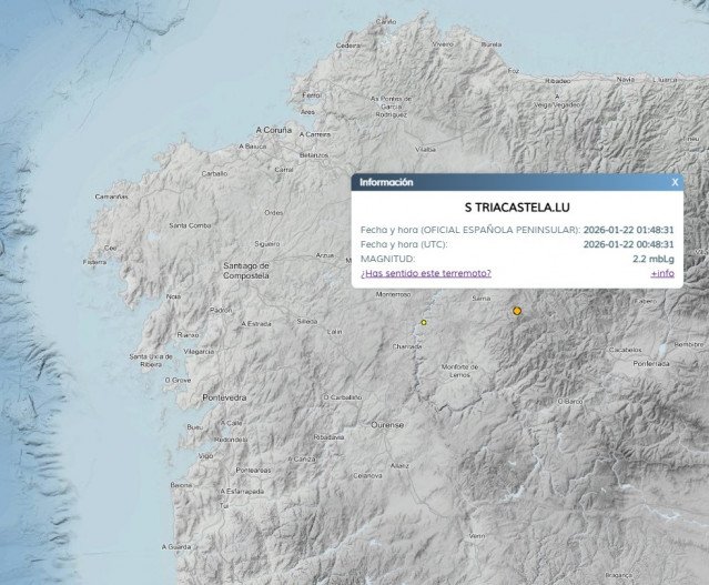Registrado un terremoto de magnitud 2.2 con epicentro en Triacastela (Lugo), a 22 de enero de 2026.