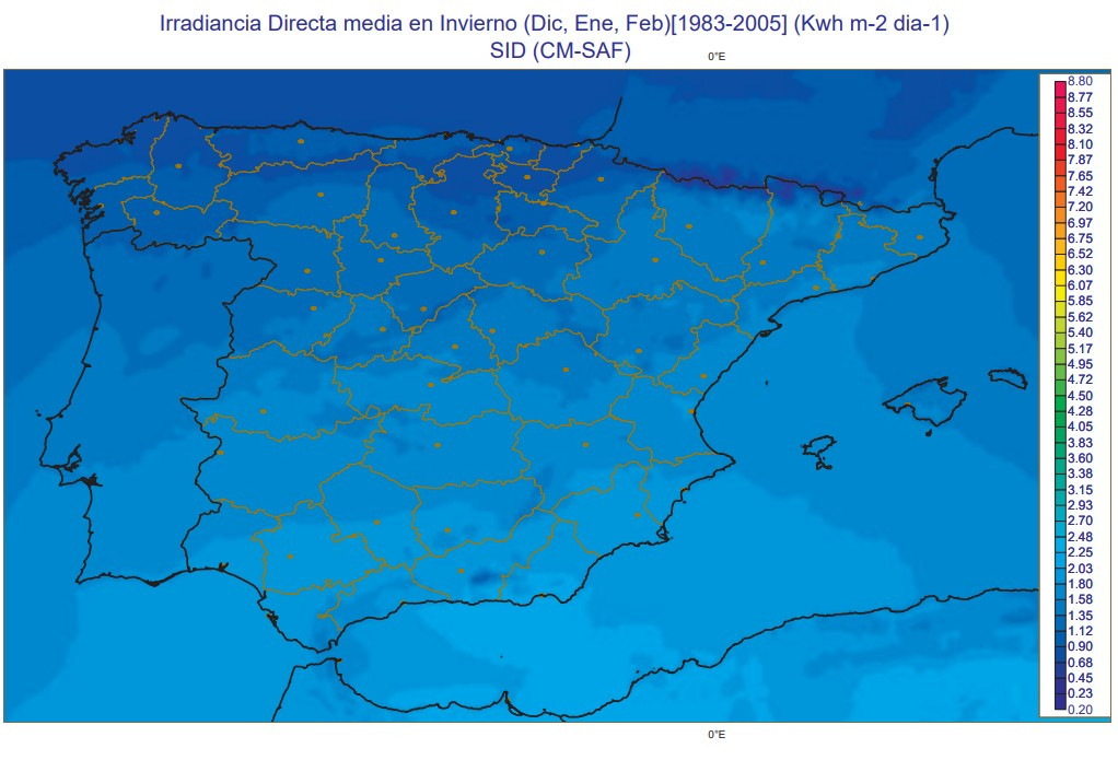 Mapa de AEMET con la irridancia media en invierno en Espau00f1a