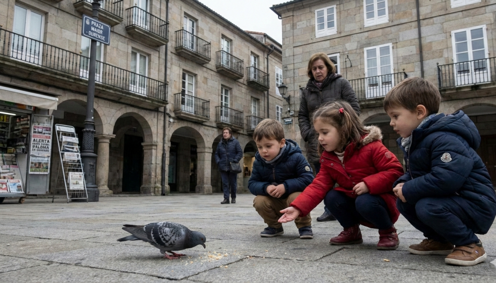 Niños interactuando con una paloma en un aimagen creada con IA