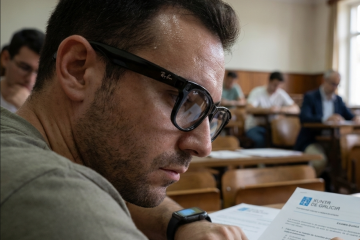 Imagen generada con IA de un opositor copiando en unas oposicones a la Xunta con unas fagas inteligentes