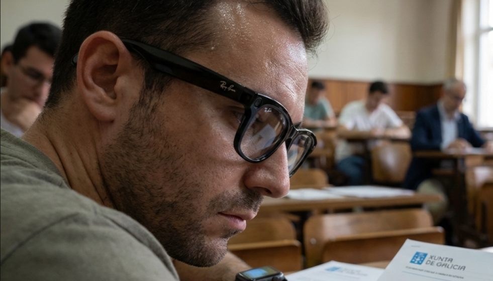 Imagen generada con IA de un opositor copiando en unas oposicones a la Xunta con unas fagas inteligentes