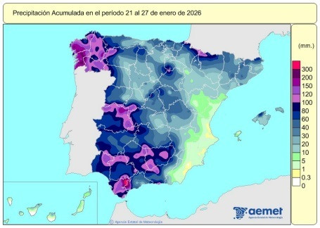 Las lluvias acumuladas en España desde el 1 de octubre suman 315 l/m2, un 11% más de lo normal.