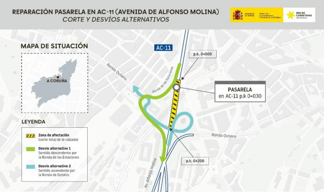 Remodelación de la pasarela de la AC-11, en A Coruña, corte y desvíos alternativos.