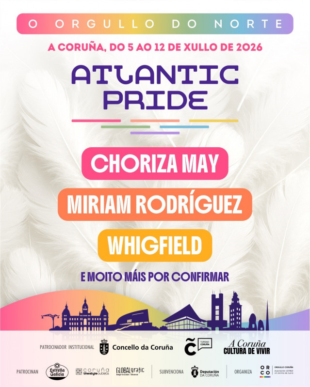 Cartel de la séptima edición del Festival Atlantic Pride que se celebrará en A Coruña del 5 al 12 de julio de 2026.