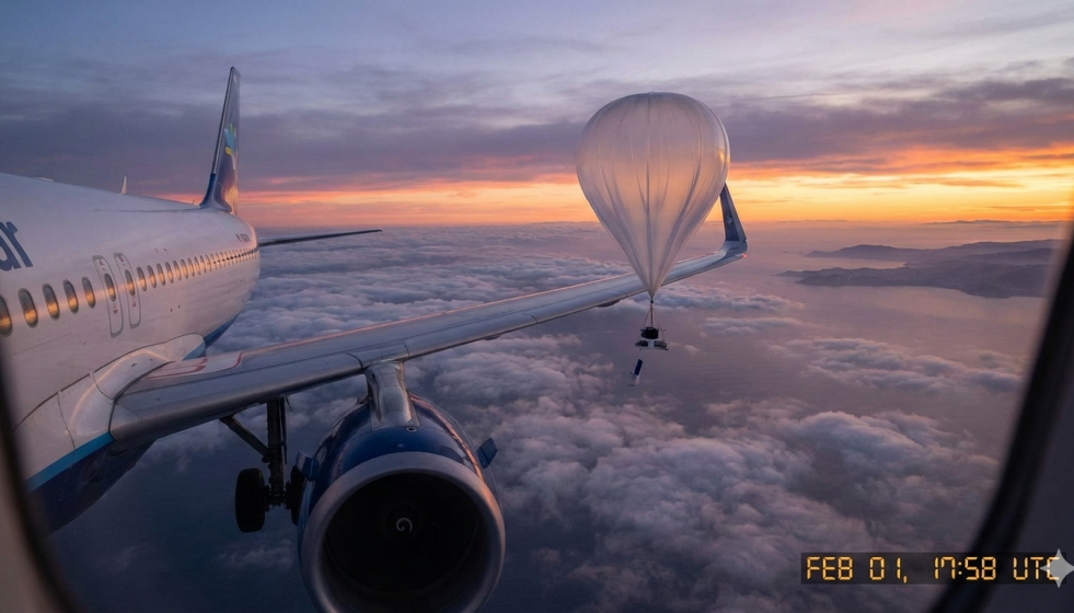 Una recración generada con IA del incidente entre el globo y el avión