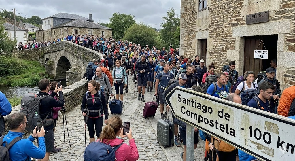 Una imagen creada por IA de saturaciu00f3n en el camino de Santiago