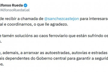 Imagen del mensaje publicado por el presidente de la Xunta, Alfonso Rueda, en su perfil de la red social 'X'