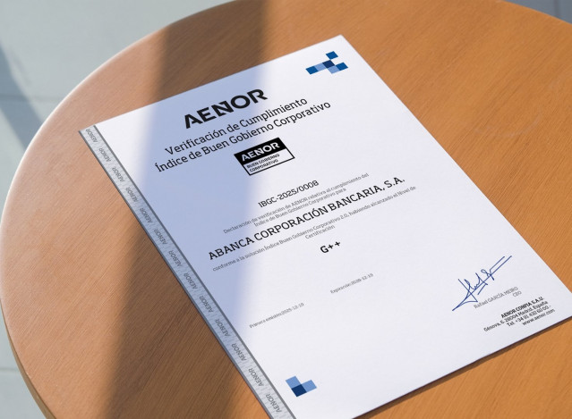 Abanca recibe la máxima calificación en el Índice de Buen Gobierno Corporativo de Aenor.