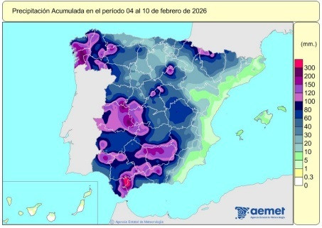 España registra 429 l/m2 de lluvias acumuladas desde el 1 de octubre, un 38% más de lo habitual.