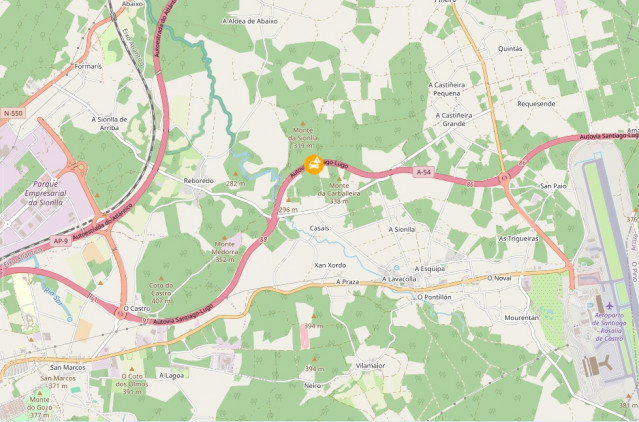 Accidente en la A-54 en el mapa de incidencias del 112 Galicia, a 21 de febrero de 2026.