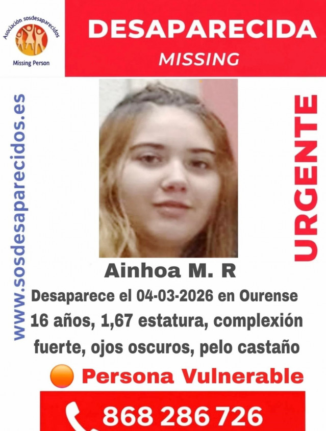 SOS Desaparecidos pide colaboración para localizar a una menor de 16 años en Ourense