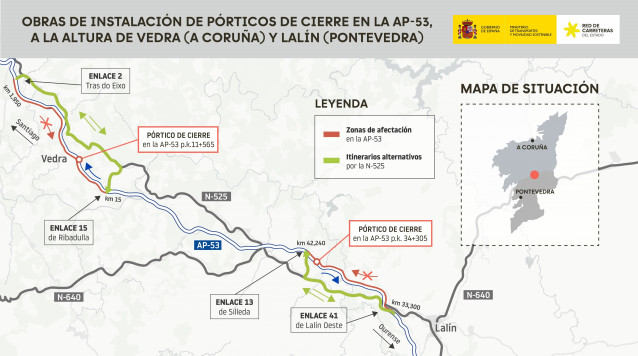 Transportes mejorará las instalaciones de los peajes de la AP-53 en Vedra (A Coruña) y Lalín (Pontevedra)