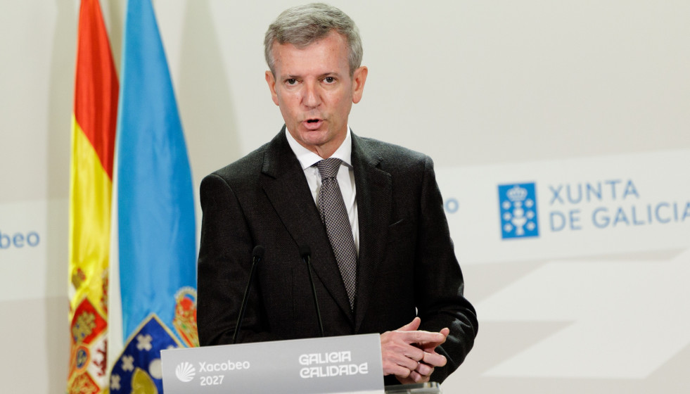 El titular del Ejecutivo gallego, Alfonso Rueda, en la rueda de prensa posterior a la reunión del Consello de la Xunta