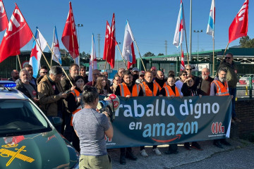 Concentración de trabajadores de  Amazon en O Porriño (Pontevedra), a 16 de marzo de 2026.