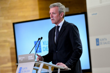 El presidente de la Xunta, Alfonso Rueda, comparece ante los medios tras la reunión semanal del Ejecutivo autonómico. San Caetano, Santiago de Compostela.