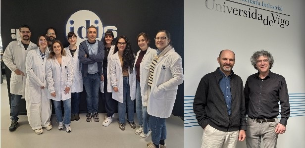 Equipos de investigación reconocidos en los Premios á Transferencia de Tecnoloxía 2026, de la Real Academia Galega das Ciencias. Grupo Ictus del IDIS (izquierda) y Enrique Paz y Miguel Díaz-Cacho, de la UVigo.