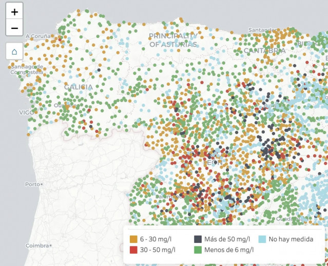 Mapa de Greenpeace de agua contaminada por nitratos