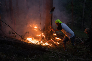 Varias personas intentan sofocar el fuego en el incendio forestal en el monte Galleiro, a 6 de abril de 2026, en Ribadetea, Ponteareas, Pontevedra, Galicia (España). El incendio de monte Galleiro com