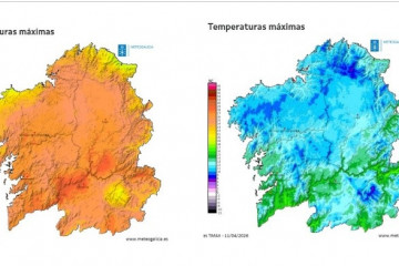Comparativa de temperaturas máximas previstas el viernes 10 de abril (izquierda) y el sábado 11 de abril (derecha) en Galicia.