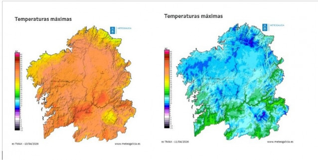 Comparativa de temperaturas máximas previstas el viernes 10 de abril (izquierda) y el sábado 11 de abril (derecha) en Galicia.