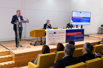 El conselleiro de Sanidade, Antonio Gómez Caamaño, en la clausura del acto de presentación del proyecto 'New Health'.