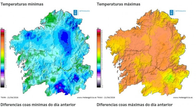 Temperaturas mínimas y máximas previstas en Galicia el 21 de abril de 2026 y diferencia con el día anterior, según Meteogalicia