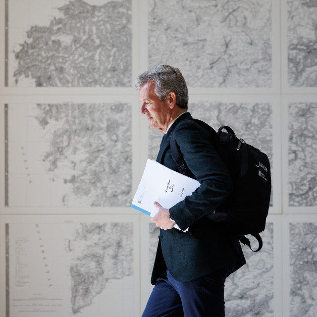 El titular del Executivo gallego, Alfonso Rueda, antes de la rueda de prensa del Consello