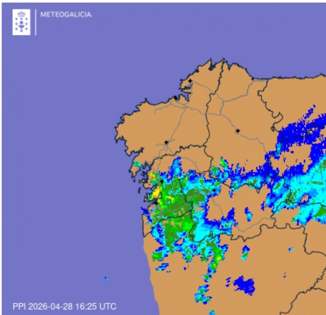 Evolución de tormentas en Galicia a las 18,25 horas (16,25 hora UTC) del 28 de abril de 2026