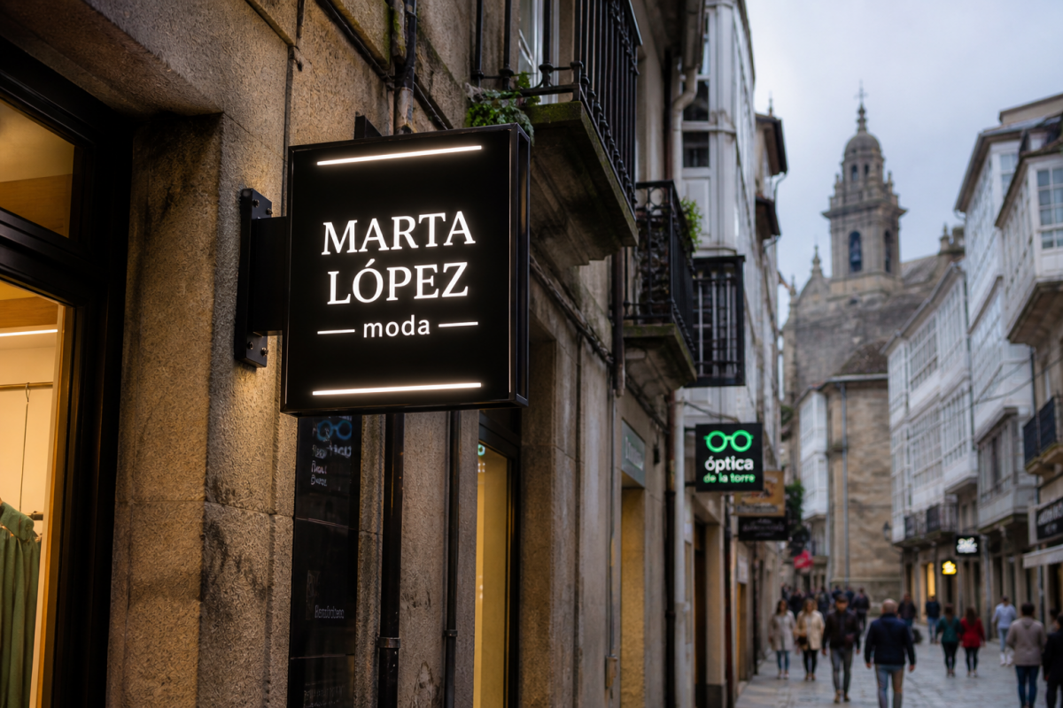 Banderolas luminosas en una calle comercial en Galicia