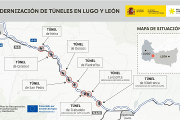 Mapa con los túneles de la A-6 en León donde el Ministerio de Transportes y Movilidad Sostenible renovará el firme y que supondrán cortes de tráfico.