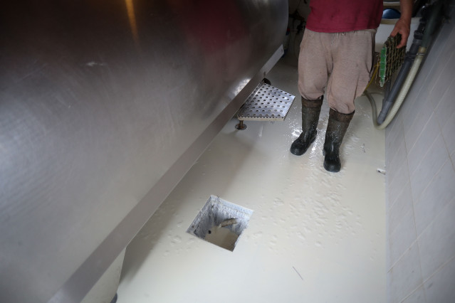 Archivo - Un ganadero de A Silveira vacía su tanque de leche, a 7 de abril de 2026, en Ribadeo, Lugo, Galicia (España). Desde el 1 de abril, dos de esas cuatro granjas se ven obligadas a tirar la leche a falta de otra industria que se la compre; llevan va